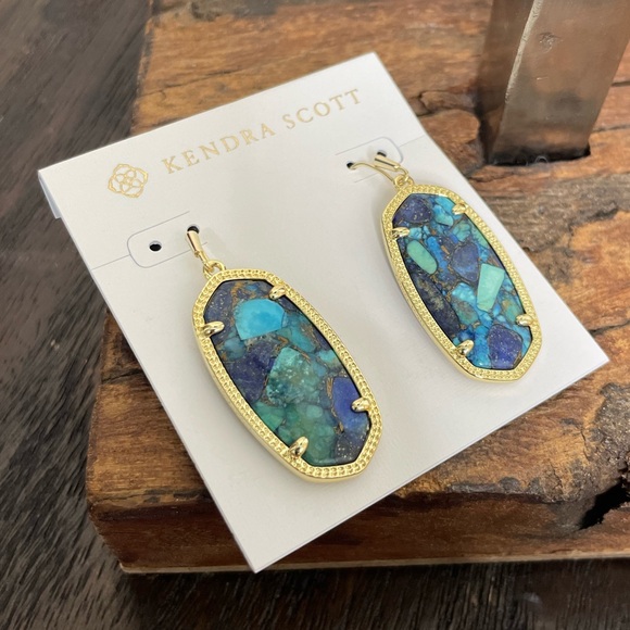 NWT Elle Gold Drop Earrings in Bronze Veined Lapis Turquoise Magnesite!